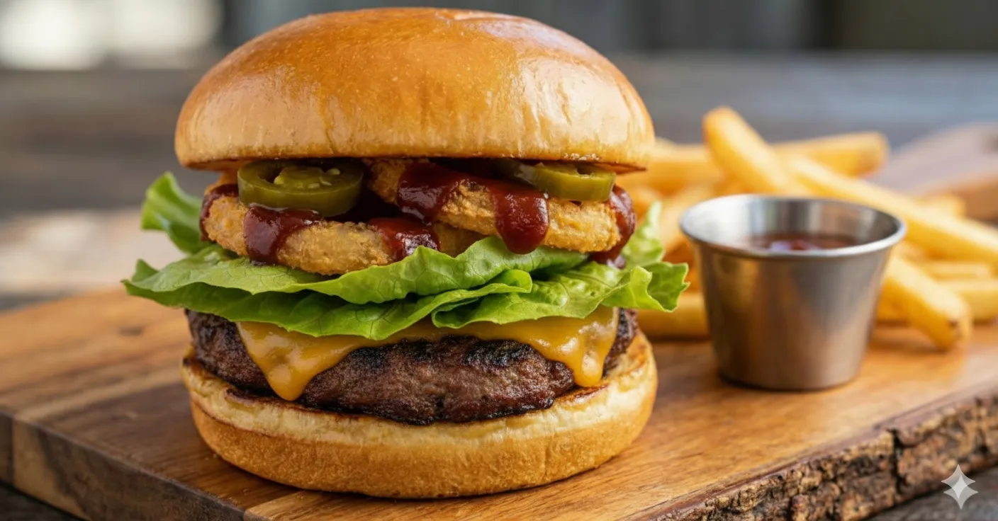 Western Burger with onion rings and bbq