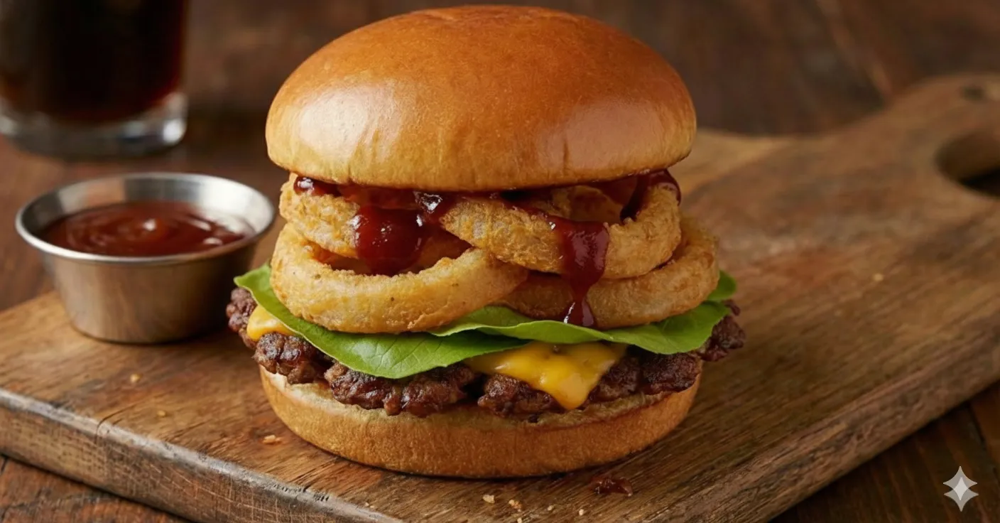 Western Smash Burger with onion rings
